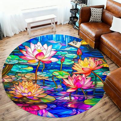 1pc Lotus Pond Stained Glass Pattern Office Round Rugs, Under Chair Round Rugs for Living Room, Bedroom, Bathroom Decoration Carpet 091820
