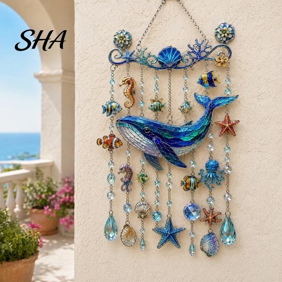 Ocean Window Decoration Animal Acrylic Hanging, Stained Glass Style Sea Turtle Whale Dolphin Suncatcher Outdoor Balcony with Crystal Beads &