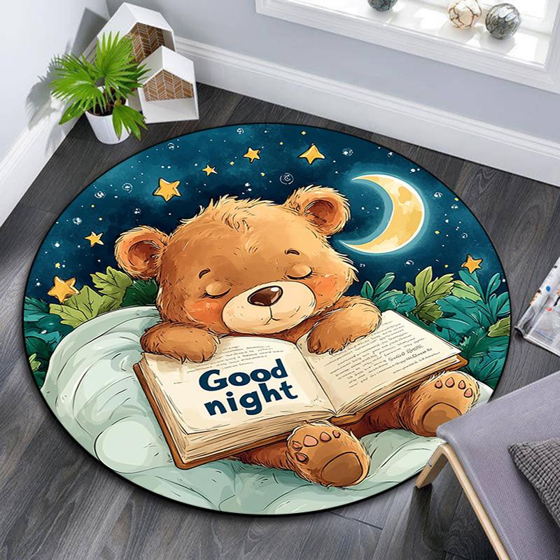 Teddy Bear Reading Book Round Area Rug,Carpet Rug for Living Room Bedroom Sofa Playroom Decor,Non-slip Floor Mat