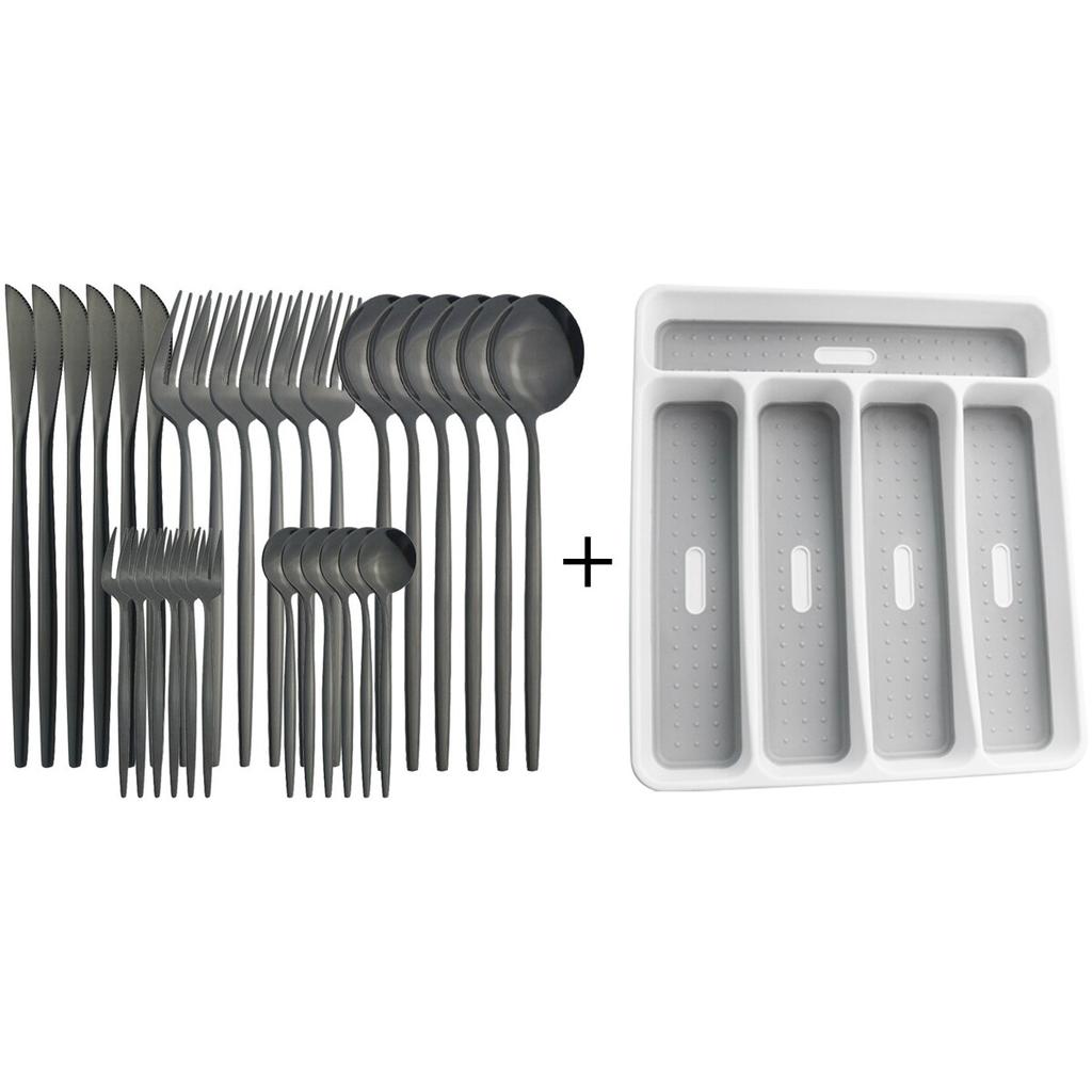 30pcs Gold Dinnerware Set Stainless Steel Tableware Set Knife Cake Fork Spoons Cutlery Set Plastic Storage Tray Kitchen Flatware