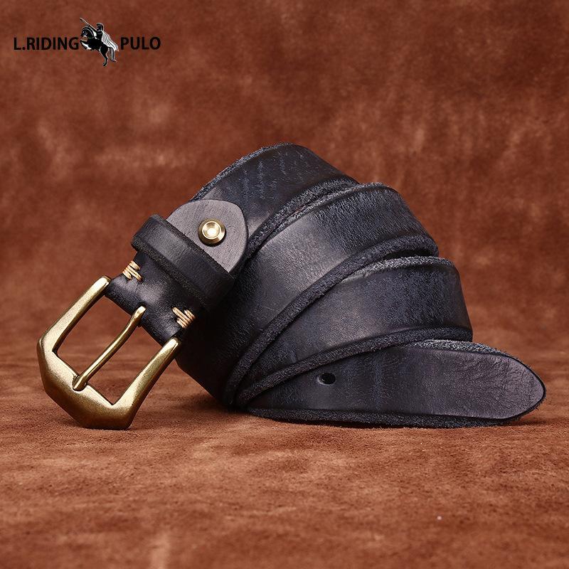 Thickened Genuine Leather Top Layer Cowhide Belt Men's Copper Buckle Rough Edge Fur Bottom Retro Washed Belt