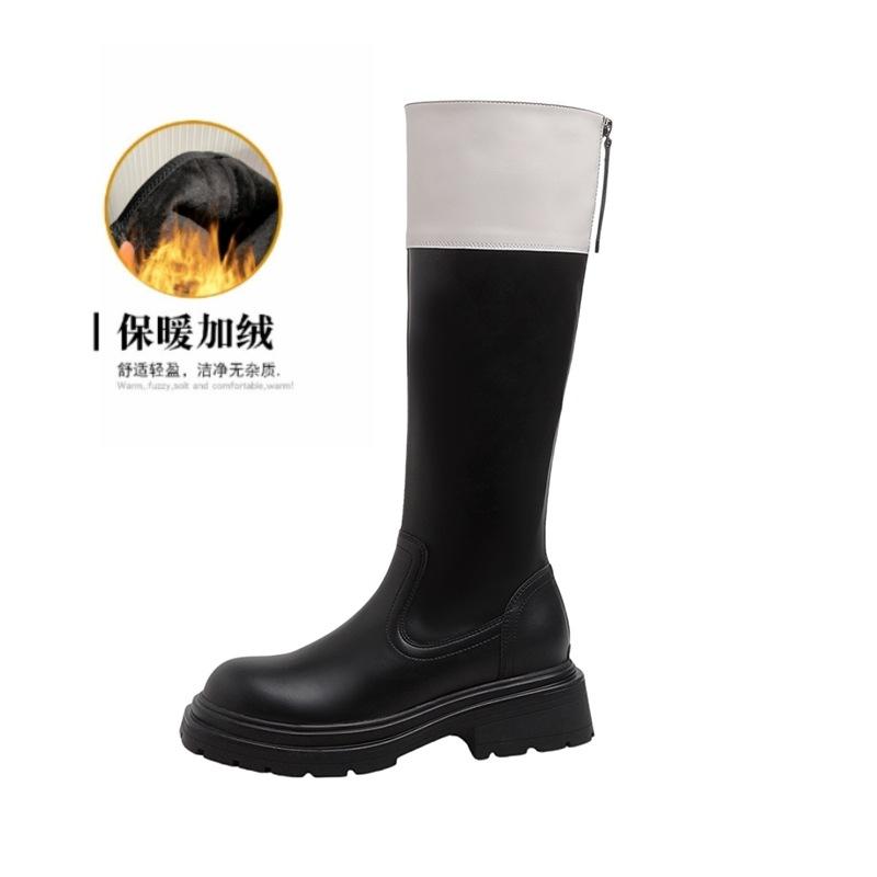 New autumn and winter new black and white color matching boots women's thick soles but knee high boots long boots thin boots