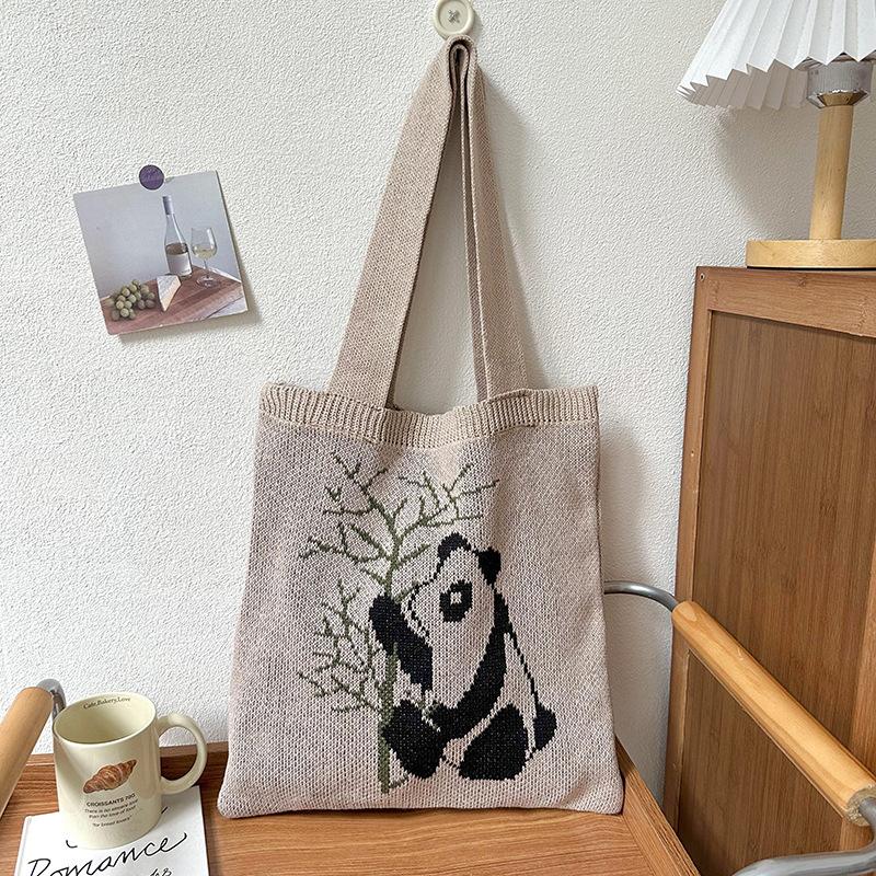 Bolsa Tote Nova com Padrão de Panda, Bolsa de Mão Versátil de Tricô, Bolsa de Praia Tecida, Bolsa de Ombro Vazada Tendência de Rua Para Mulheres