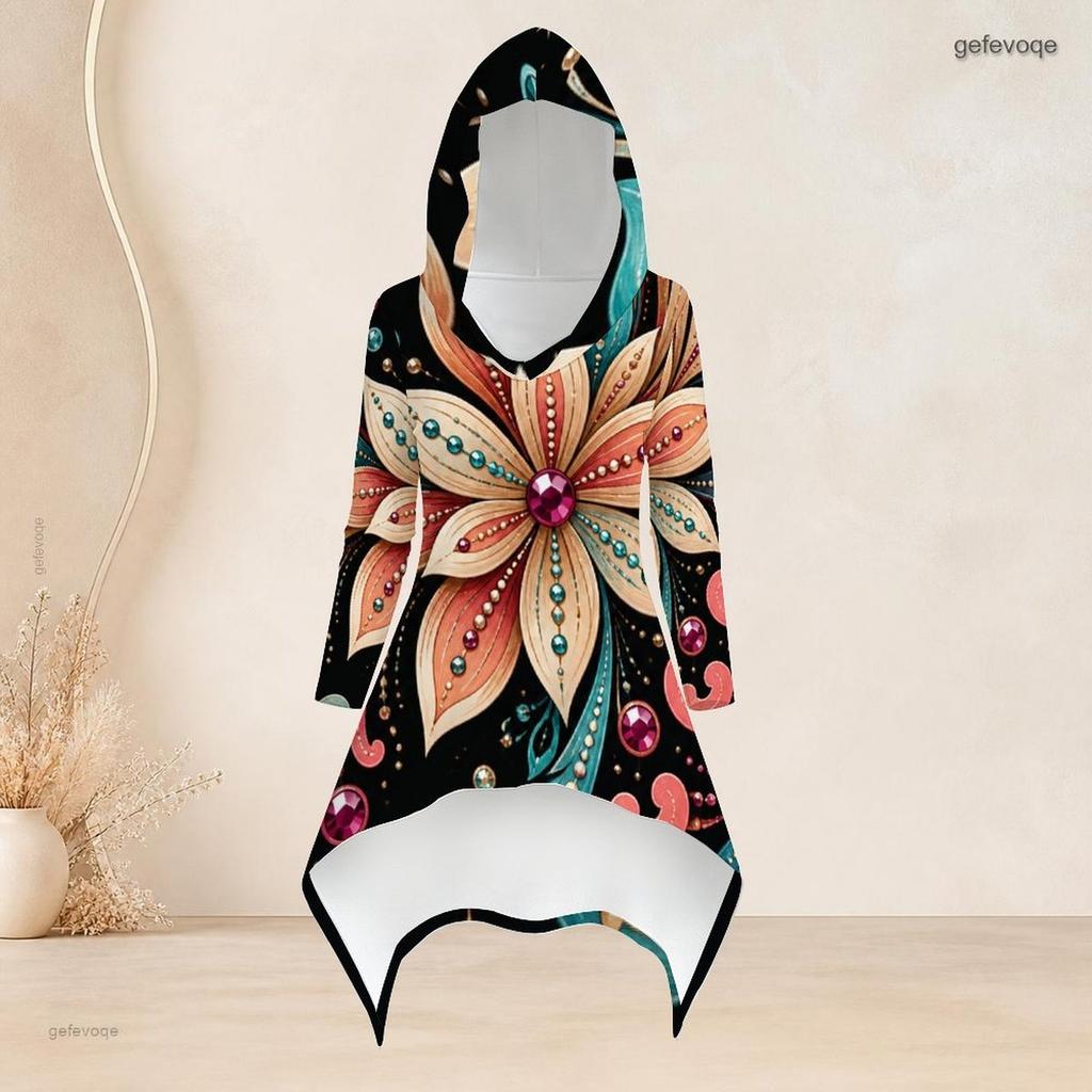 Women Plus Size Floral Printed Hooded Long Sleeve High Low Top Fitted Pants Two Piece Set