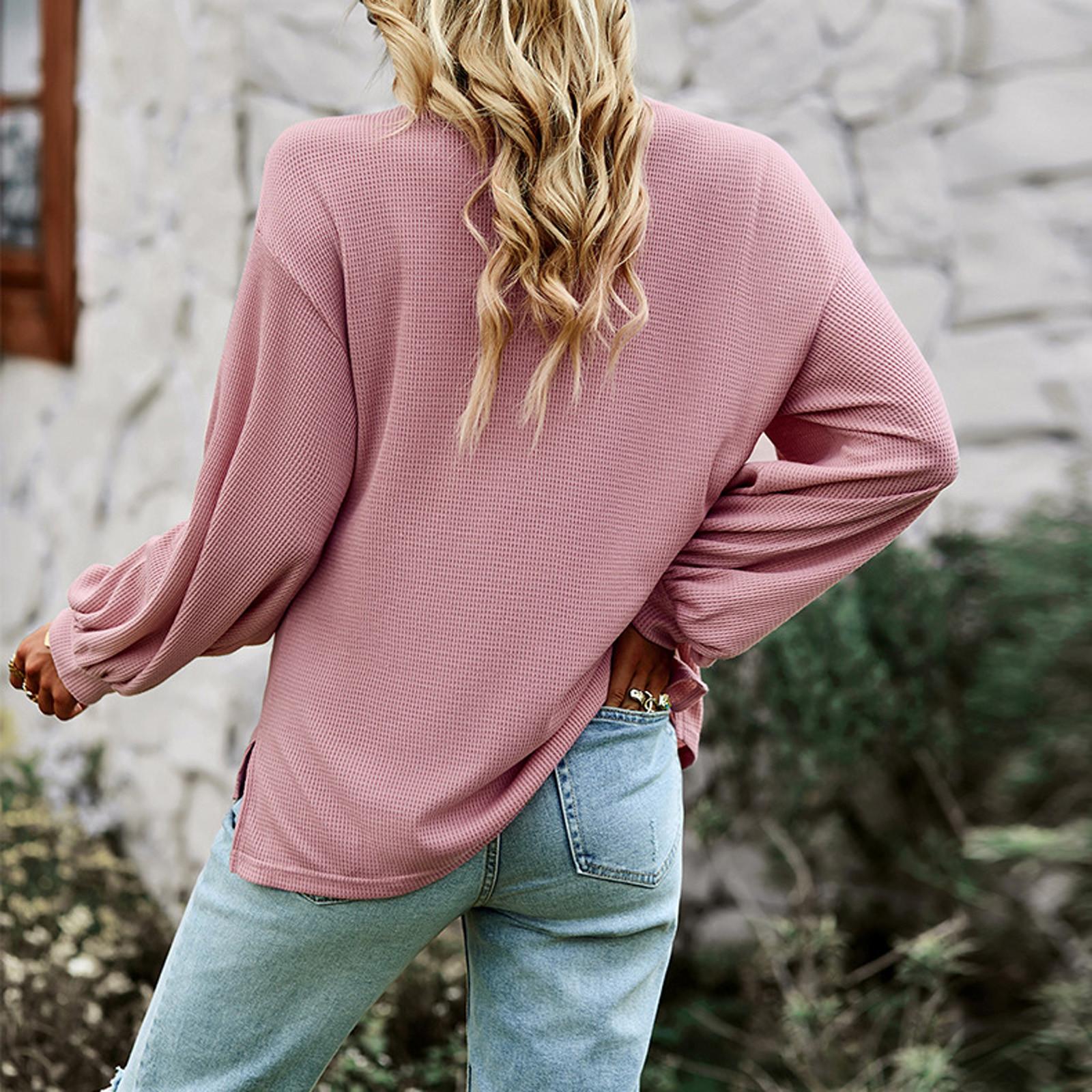 

Женская мода, однотонная свободная повседневная осенне-зимняя футболка с длинными рукавами, топы S розовый