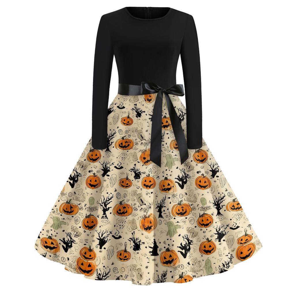 Women Casual Halloween Printed Round Neck Vintage Dress Long Sleeve Fit Flared Skirt Belted Waist Retro Style Dress for Autumn