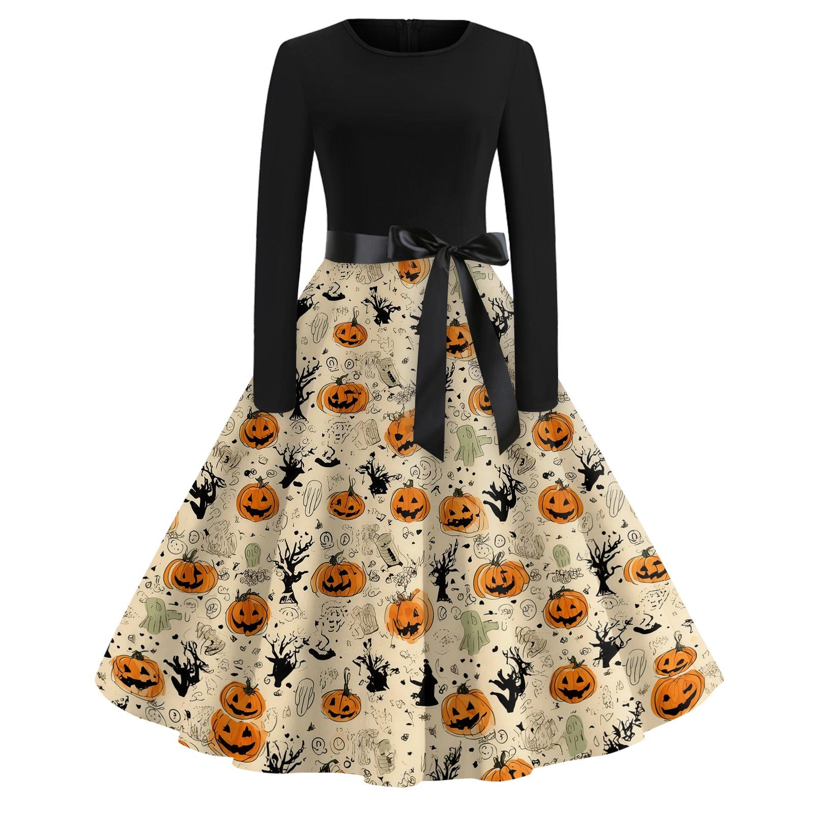 Women Casual Halloween Printed Round Neck Vintage Dress Long Sleeve Fit Flared Skirt Belted Waist Retro Style Dress for Autumn S