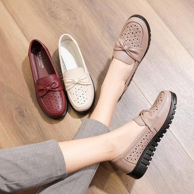 Genuine Leather Breathable Sandals for Moms - Comfortable Flat Heel with Soft Sole and Hollow Design for Middle-Aged & Elderly Women.
