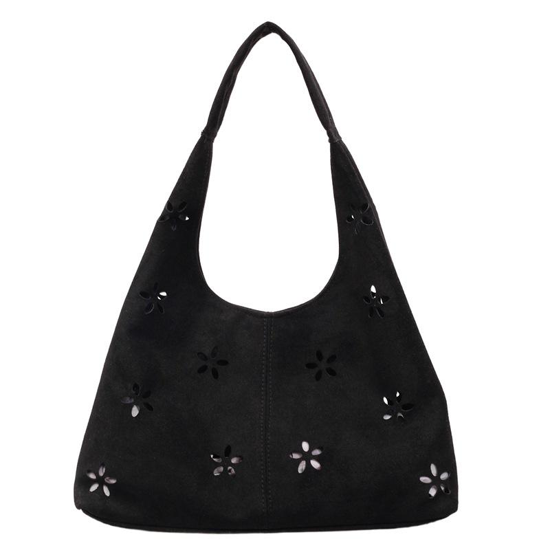 Floral Cutout Suede Hobo Bag with Open Top Design Large Capacity Fashion Shoulder Bag
