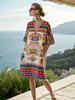 European, American Bohemian Large Size Women's Clothing Casual Loose 3D Printed Dress Robe Bamboo Hemp Others