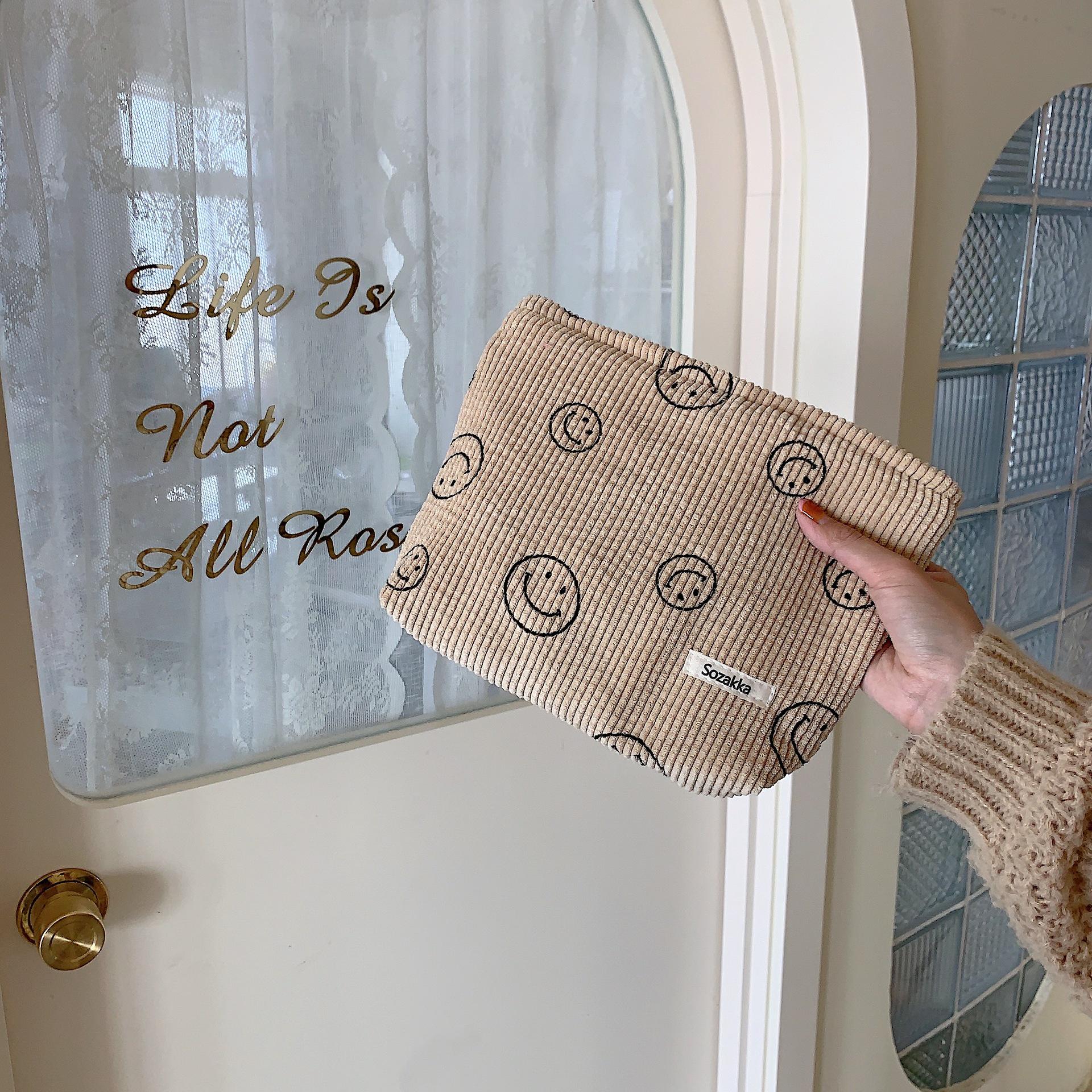 Corduroy Smiley Face Polka Dot Makeup Bag - Retro Storage & Pencil Case