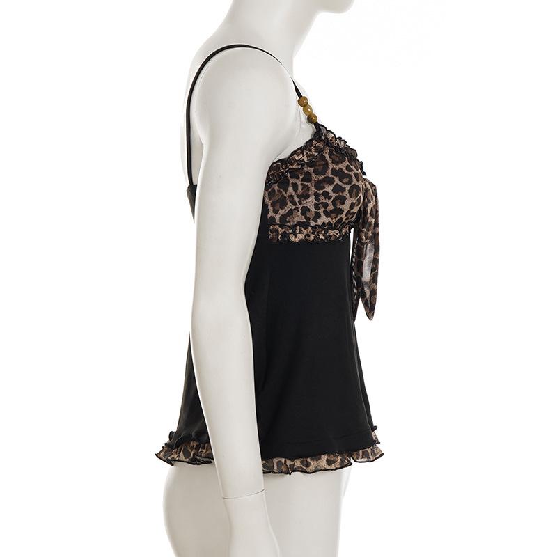 European & American Sexy Leopard Print Color Block A-Line Lace Tie-Up Camisole