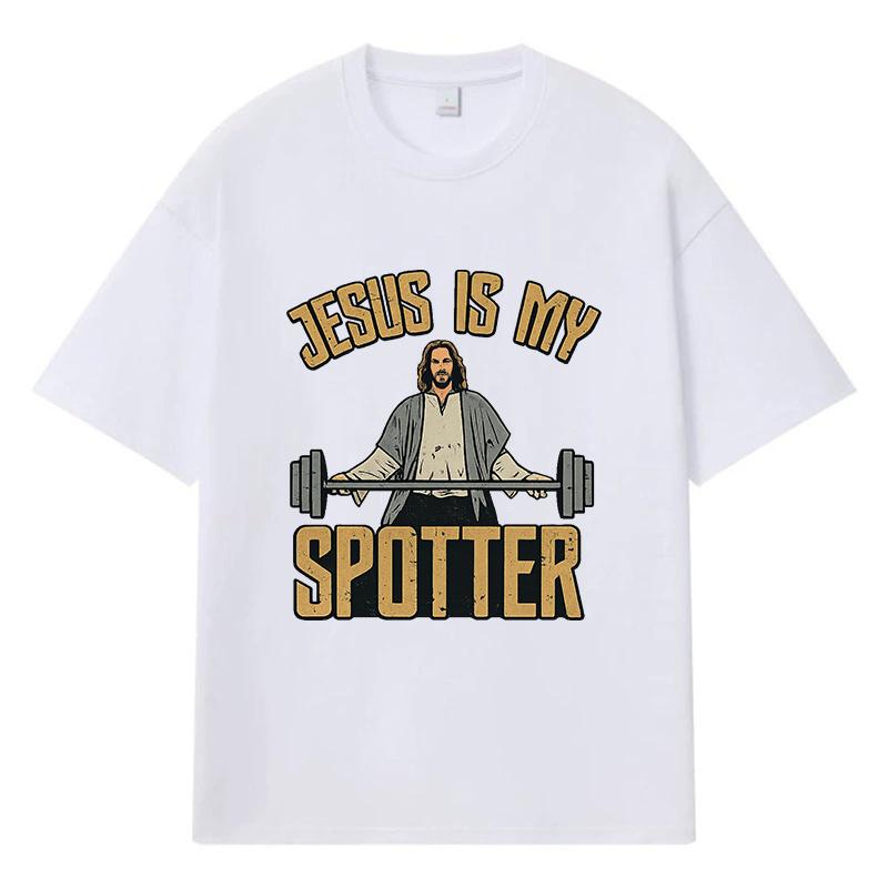 2026 Jesus Is My Spotter Printed Graphic Y2k Harajuku Streetwear 100% Cotton T Shirt Casual Oversized Summer Men T-shirt