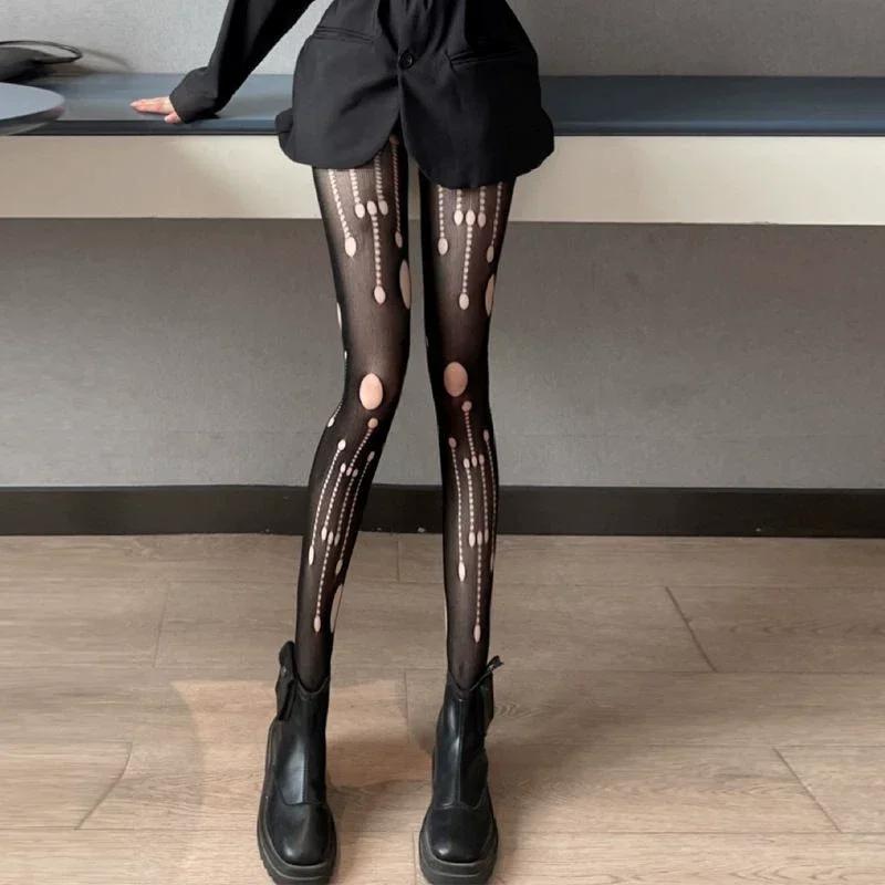 

Lolita Hole Sling One-Piece Fishnet Thigh High Stockings Gothic Sexy Hollow Black Rompers Bottoming Pantyhose Lolita Jk Tights One Size