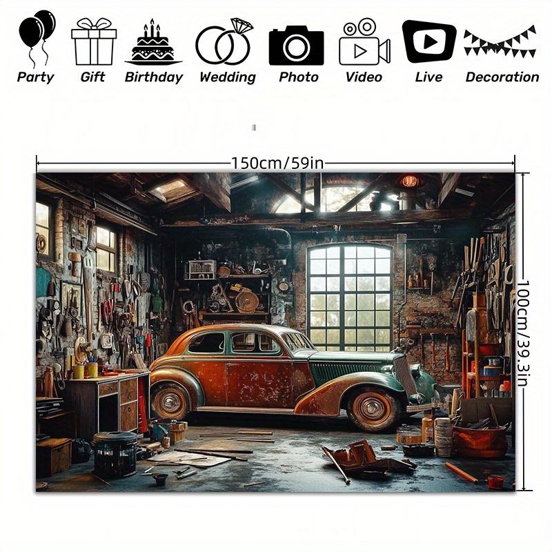 1 Vintage Garage Classic Car Photography Backdrop - a Polyester Party Banner Suitable for Indoor and Outdoor Events