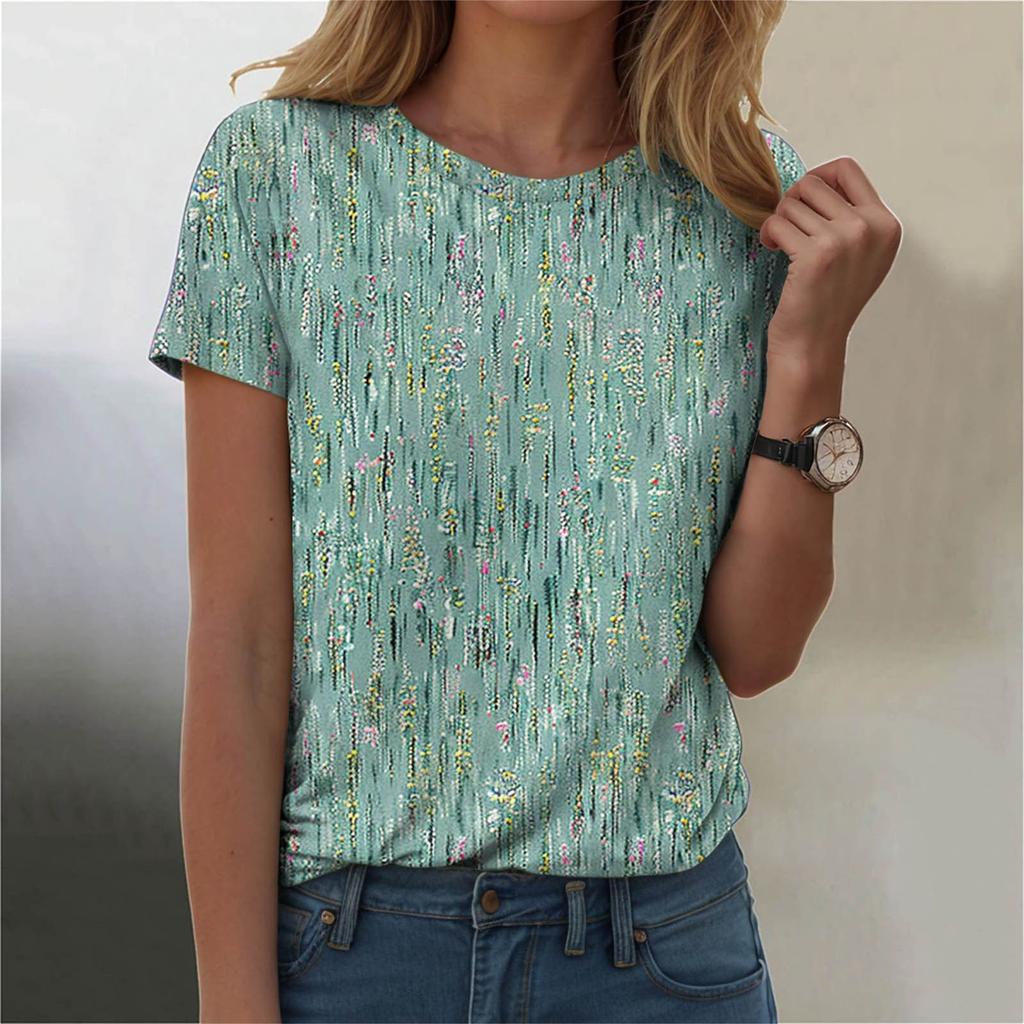 Summer Round Neck Floral Pattern 3D Print Top Fashionable Casual Short Sleeved Women's T-shirts