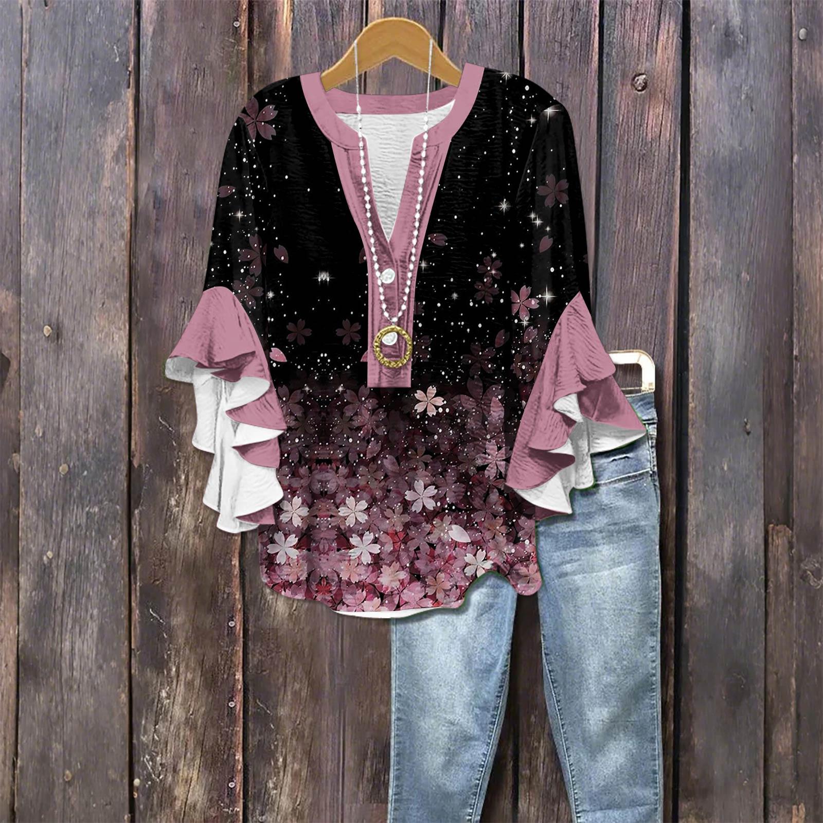 

Женская модная повседневная рубашка с пуговицами, V-образным вырезом, рукавом семь восьмых и винтажным принтом XXL чёрный