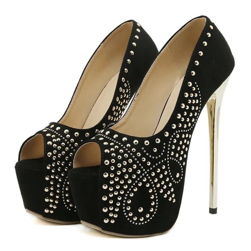 Fashion Black Rivet Design Ultra High Heel Women Pumps Sexy Peep Toe Thin High Heels Platform Stiletto High Heels Nightclub Dress Shoes