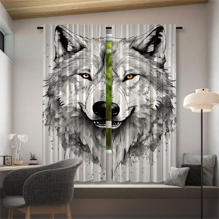 2pcs- Sketch Wolf Head Polyester Curtains, Pole Bag Curtains 42*84, Bedroom, Living Room, Home Room Decoration