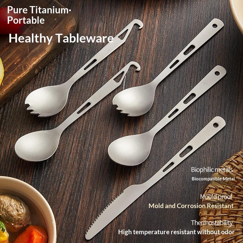 2 In 1 Outdoor Titanium Spoon Camping Tableware Portable Bottle Opener Camping Picnic Dinner Spork Fork For Travel Backpacking