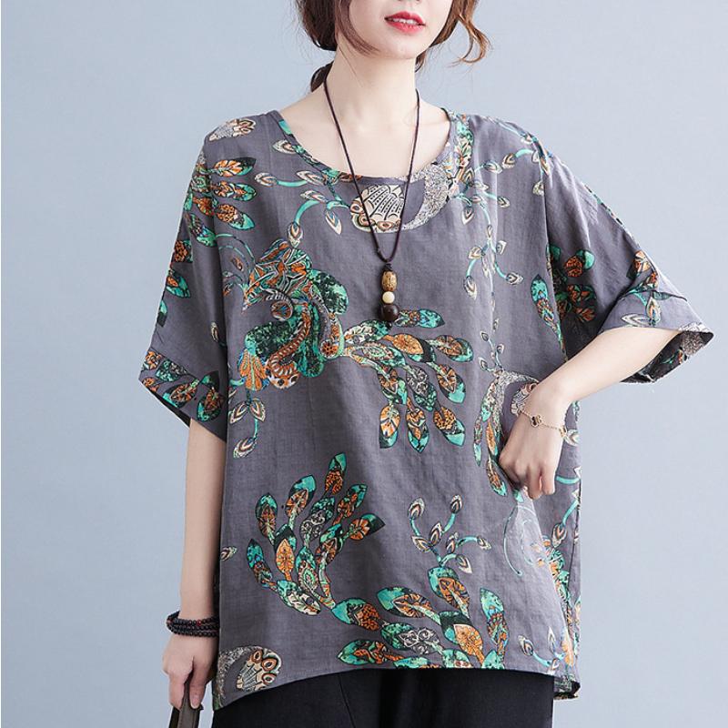Maglietta larga di grandi dimensioni, casual, con stampa floreale, camicetta inferiore per donna, vintage, scollo a V, maniche a pipistrello, top per donna