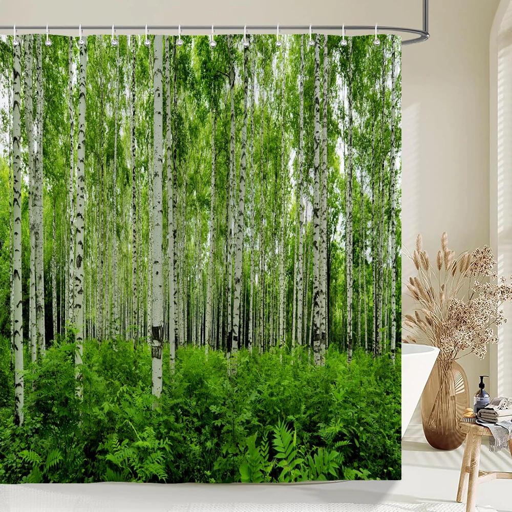 Hochwertiger Birkenwaldstoff Duschvorhang Wasserdicht Naturlandschaft Gedruckte Badevorhänge für Badezimmerdekor mit Haken