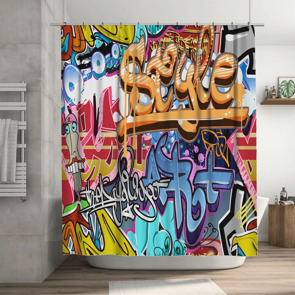 

Street Art Graffiti Wall Shower Curtain Set with Urban Pattern, Waterproof Polyester Fabric Bathroom Decor Includes Hooks 90x180cm35x71in