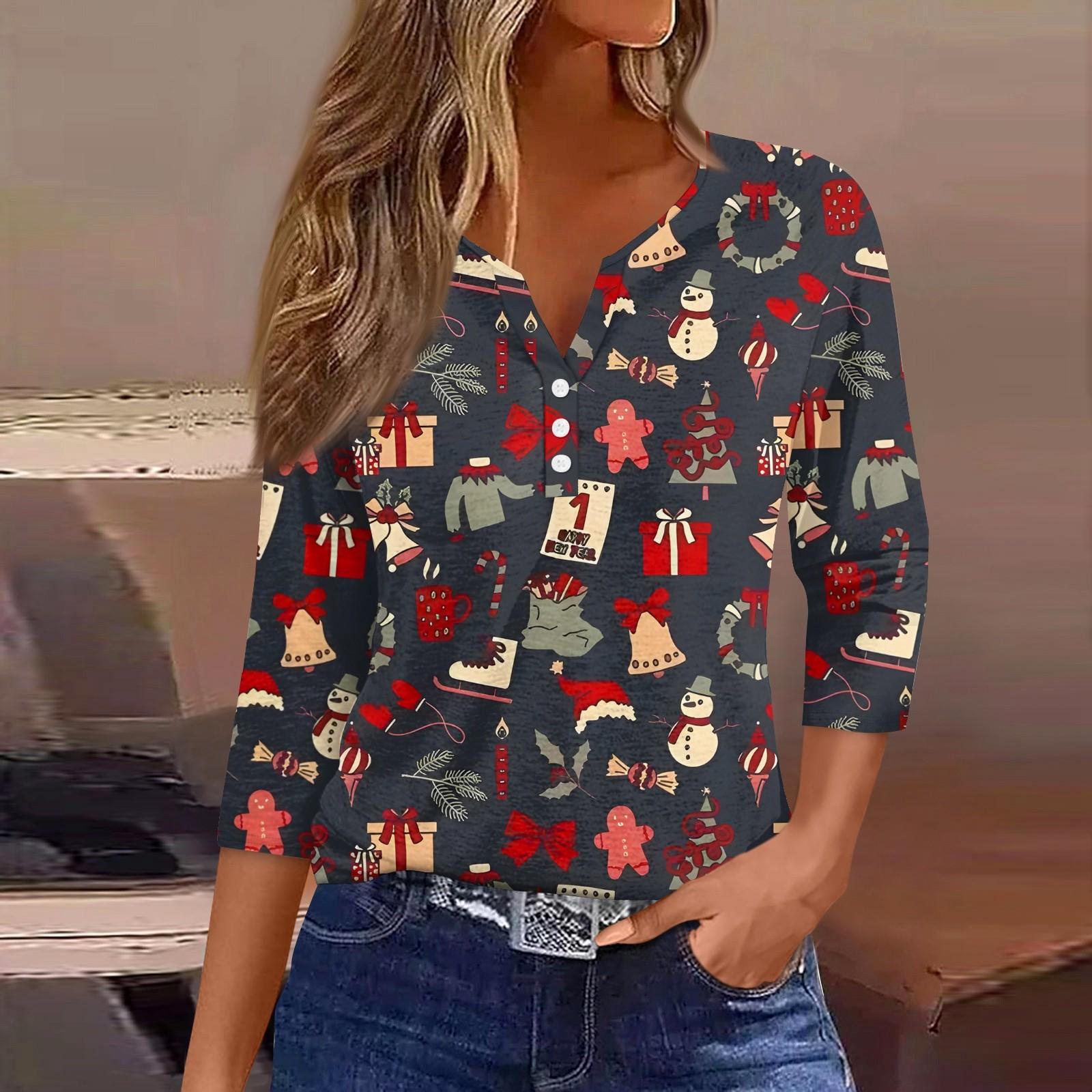 

Женская модная повседневная футболка с пуговицами, V-образным вырезом, семью рукавами и рождественским принтом M тёмно-синий