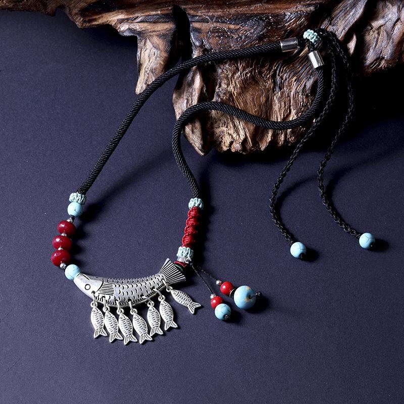 Original design woven dogfish fringed pendant women's necklace fashionable retro Tibetan silver collarbone chain accessories