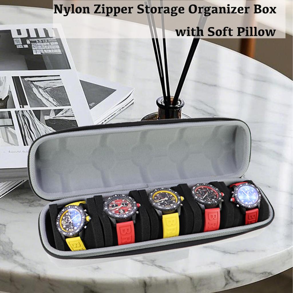 Juntan Watch Case 5 Slot Hard Watch Travel Watch Case, Watch Storage Soft Compressible Foam Pillow Black Men Women Nylon Watch Case Portable Silver