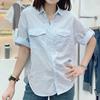 Summer Women's Blue Pocket Shirt Casual Loose Short Sleeve Blouse