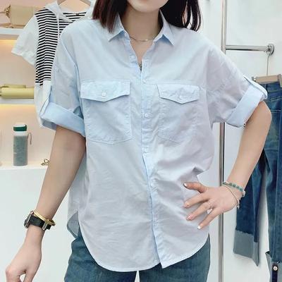Summer Women's Blue Pocket Shirt Casual Loose Short Sleeve Blouse