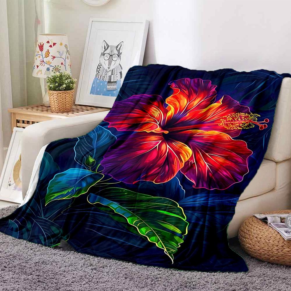 1pc Hibiscus Bloom Lightweight Flannel Blanket, Comfortable and Warm Blanket, for Office and Camping Sofa Bed, Livingroom050