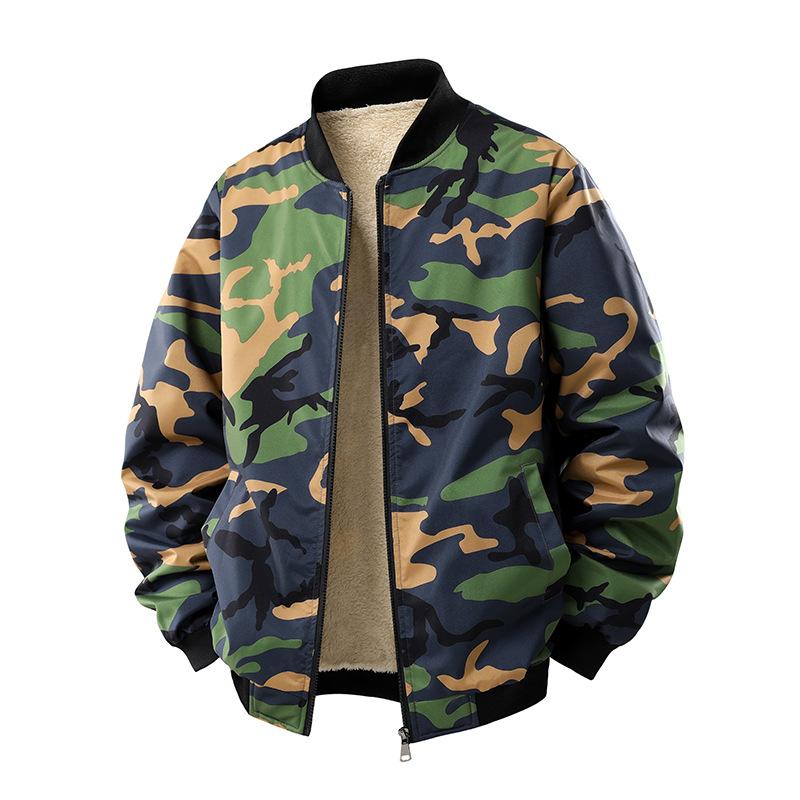 Thick Camouflage Jacket with Added Fleece, Lamb Fleece for Outdoor Wear, Flying Jacket, Plus Size Baseball Jersey
