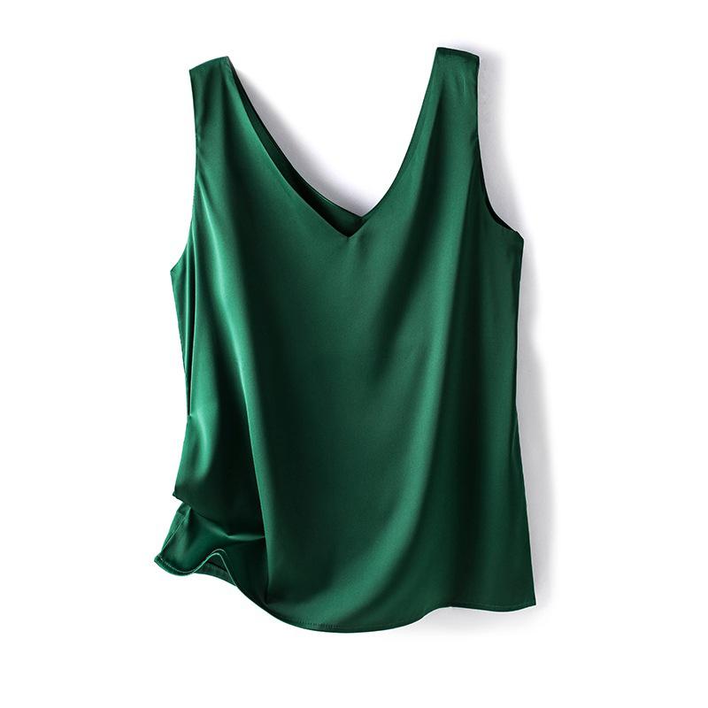 WTEMPO Women V-neck Sleeveless Blouses Elegant Silk Satin Vests Female Summer 2023 Casual Loose Tanks & Camis Solid Green Tops
