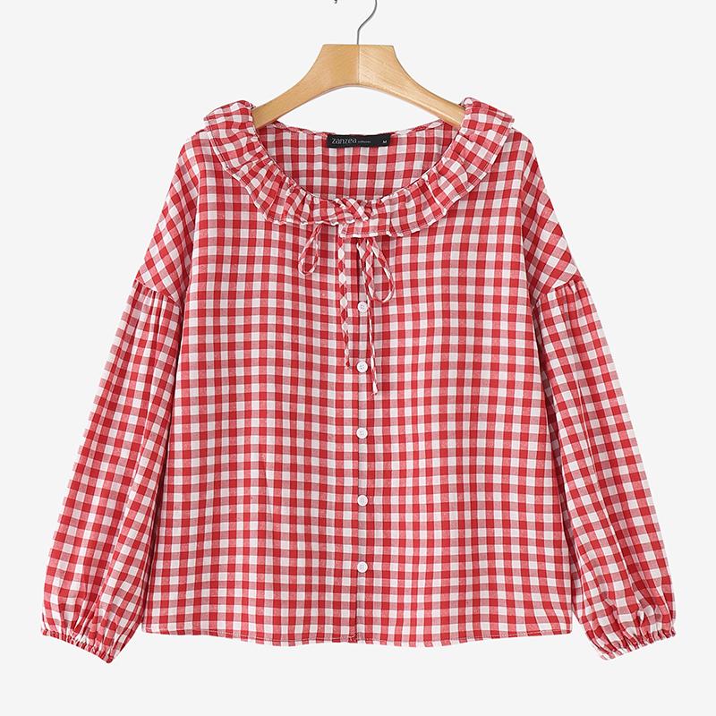 

ZANZEA Женская повседневная блузка с кукольным воротником, в стиле ретро, с принтом в клетку, с длинным рукавом 5XL красный