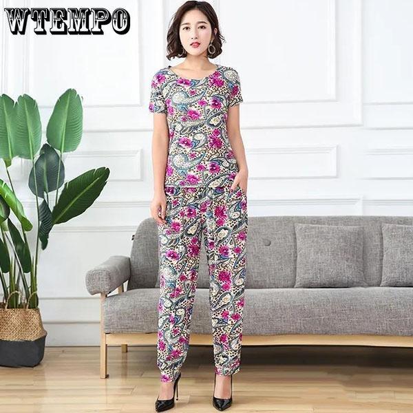 

WTEMPO женские топы с короткими рукавами, укороченные брюки, свободный повседневный комплект из двух предметов, женский весенне-летний костюм большого размера с принтом