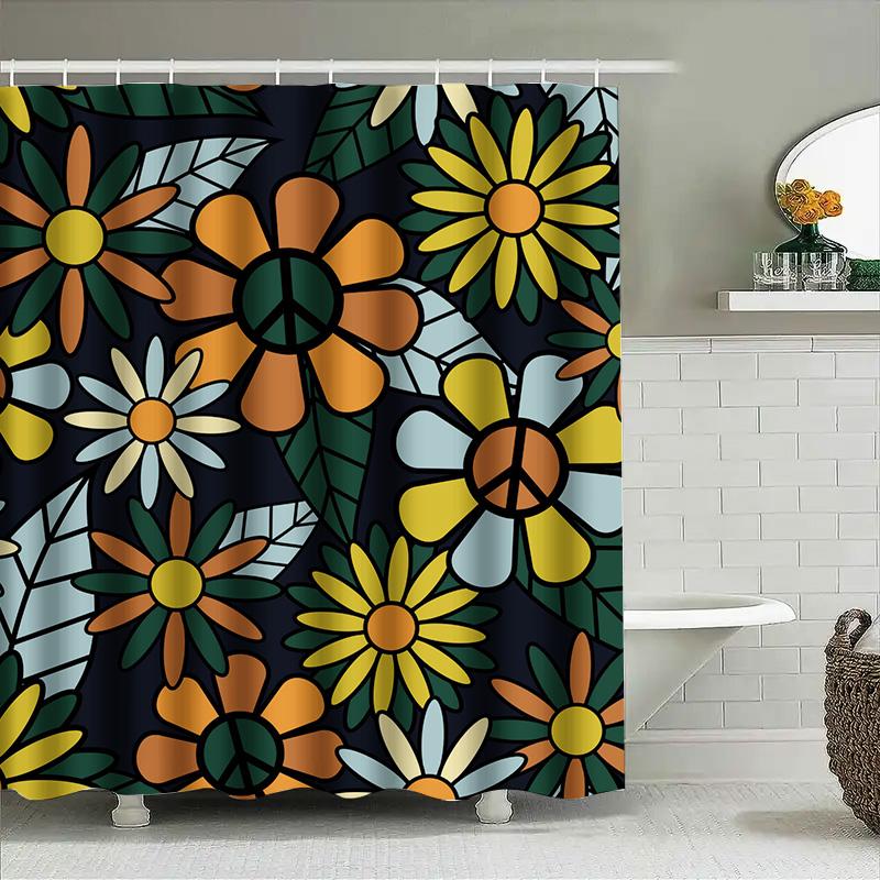 Floral Shower Curtain Decorative Bath Mat Set Waterproof Bathroom Accessories Retro Style Modern Flower Print Shower Panels
