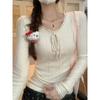 Frühling Herbst Spitze Patchwork Bandage Pullover Damen Langarm Süßes T-Shirt Damen Einfarbig Unten Gestricktes Oberteil