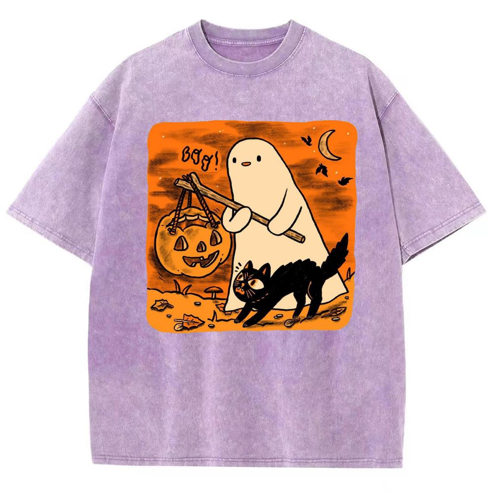 

Хэллоуин Футболка для пары с принтом черного кота и привидения Оверсайз Хлопок стирки Короткий рукав Милый Забавный стиль Модные футболки 2XL