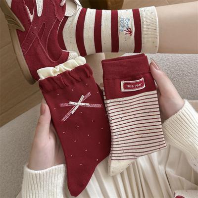 Big Red Socks, Women's Bow Polka Dot Mid-calf Socks, Wedding Red Striped Cloth Label New Year Socks, Dui Dui Socks