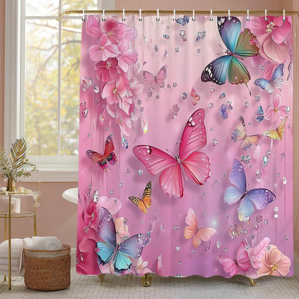 Shiny pink rose flowers Shower Curtain, Bathroom Decorative Shower Curtain, Printed Polyester fabric Shower Curtain with Hooks W90xH180cm
