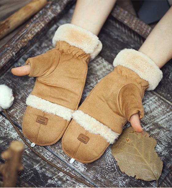 Winter Cycling Gloves Suede Warm Gloves Flip Cover Half Finger