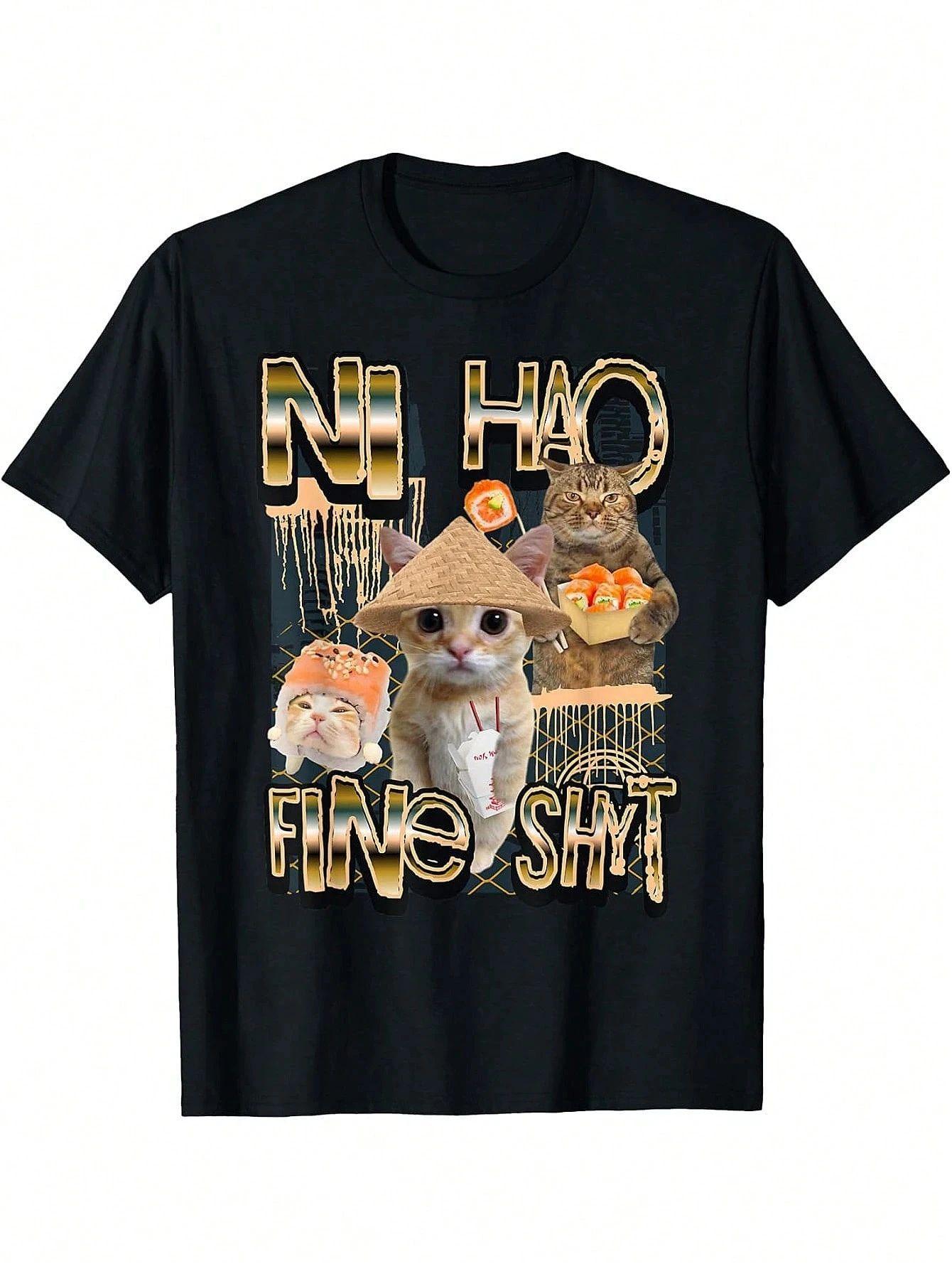 Brainrot Gen Z Meme TShirt Ni Hao Fine Shyt Funny Graphic Print Cotton Tops Retro Streetwear Crewneck Shortsleeved Unisex S