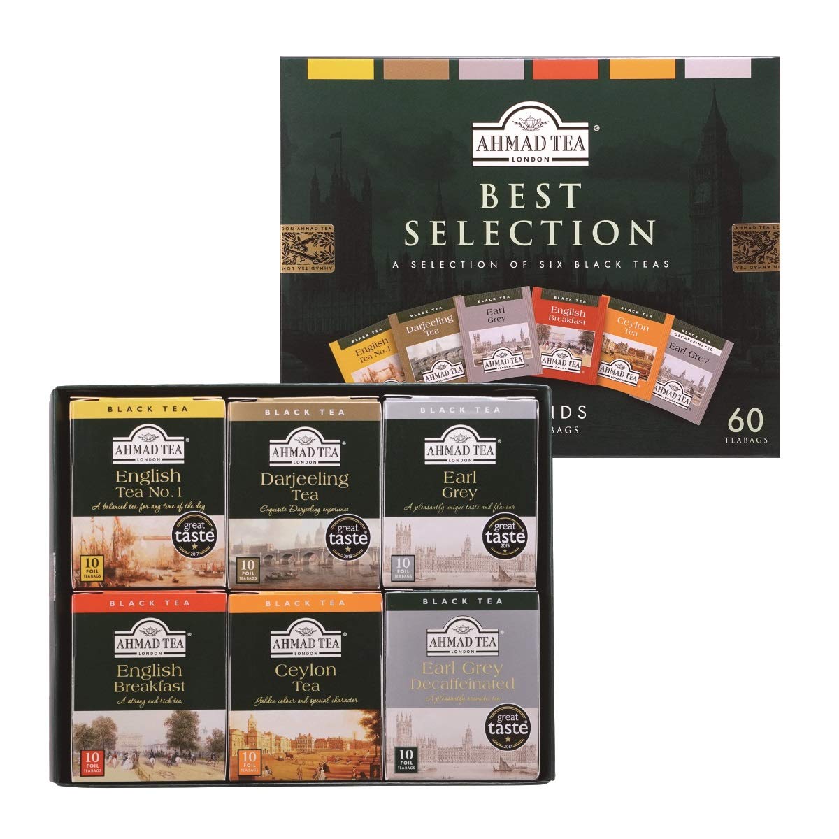 Ahmad Tea Selection Bags 60 Earl Grey Decaf English No.1 Breakfast Ceylon Darjeeling 10 each Black England