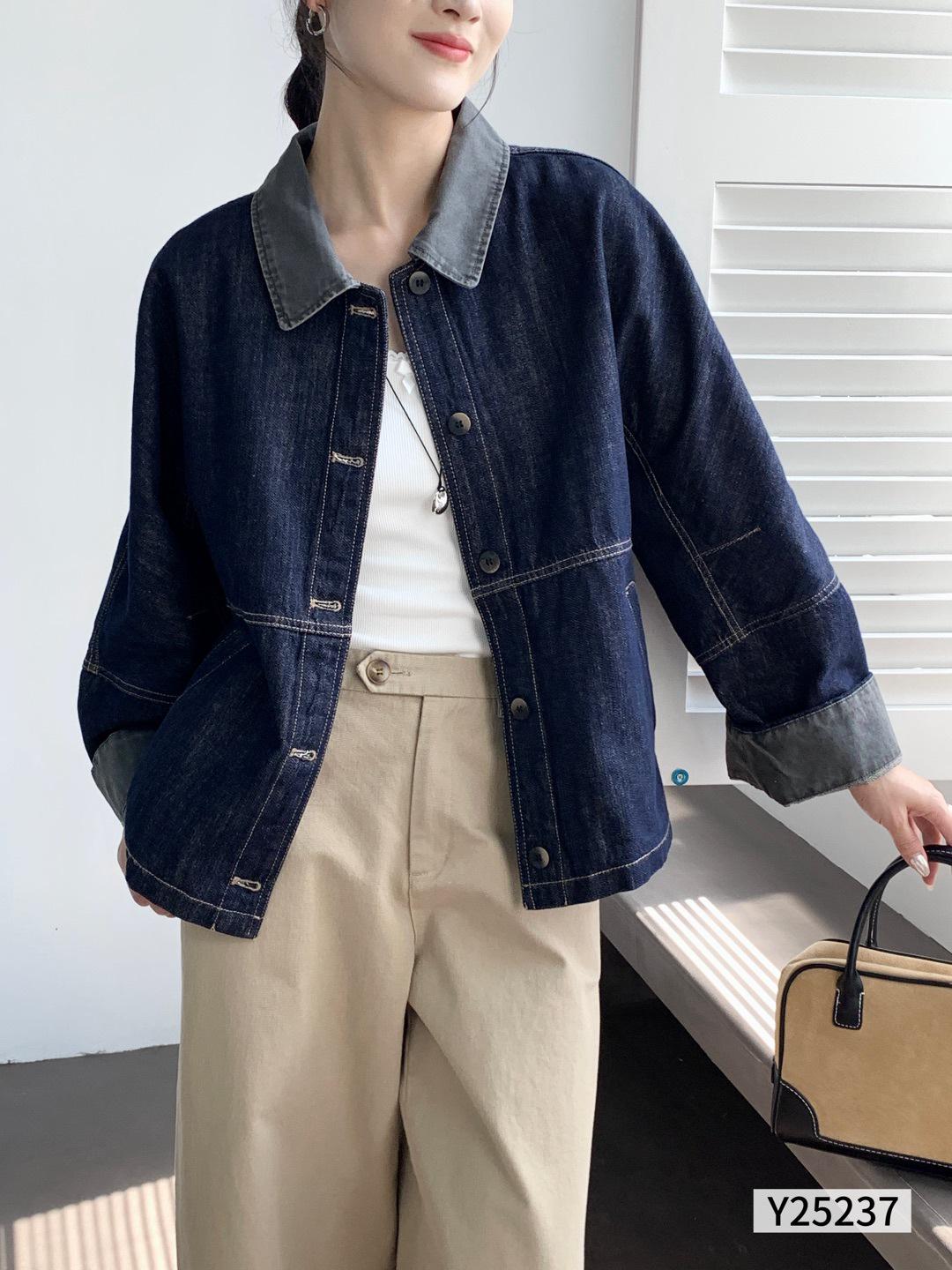 2026 Early Spring Dark Blue Contrast Lapel Denim Jacket One Size (80-140) темно-синий