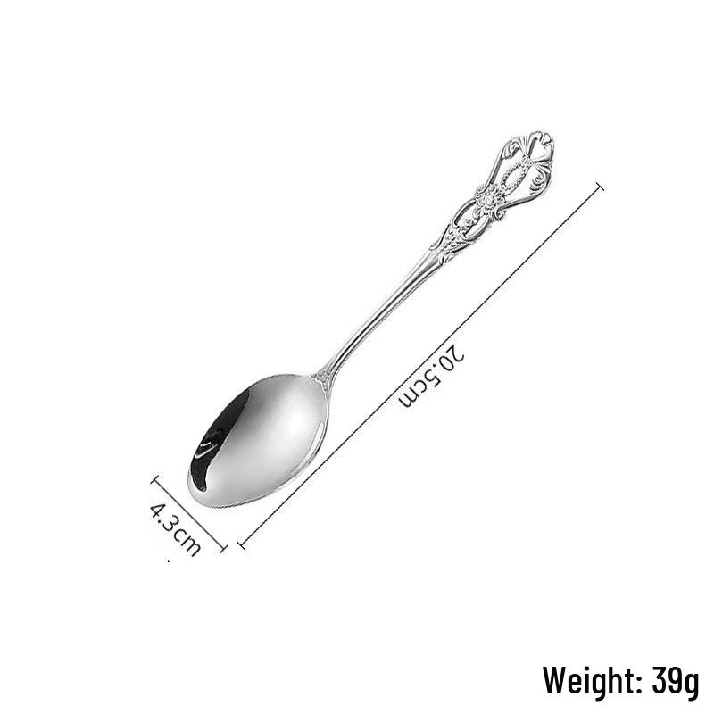 Royal Court Stainless Steel Retro Embossed Cutlery Set: Knife, Fork, Spoon, Steak Knife, Dessert Spoon.