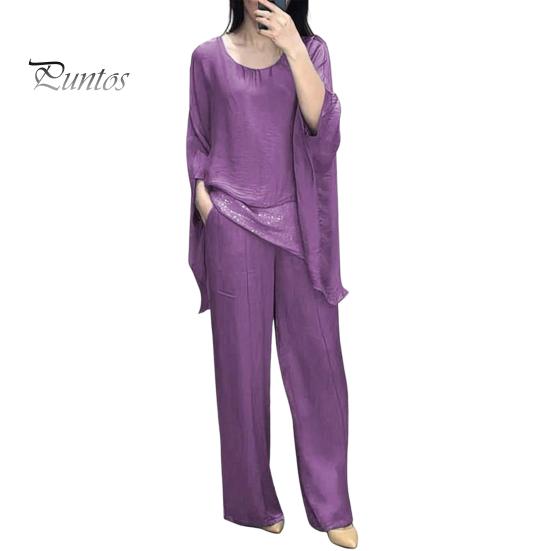 

Женский повседневный костюм, топ, широкие брюки, свободный наряд для дома, вечеринки, офиса, с круглым вырезом, с рукавами «летучая мышь», комьютерный костюм 3XL фиолетовый