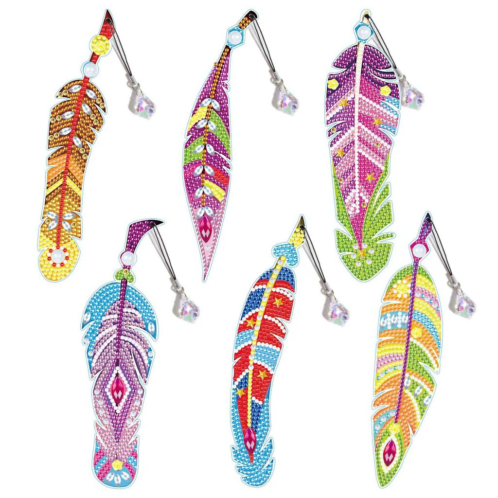 R-MSQ015-037 New Arrival 6pcs Feather Diamond Painting Bookmarks Resinstone Bookmark Pendant