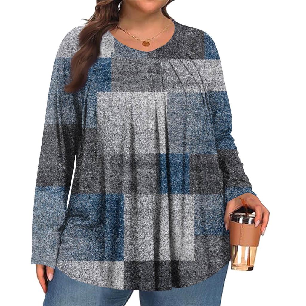 Women's Plus Size Fashion  Printed Casual Pleated Round Neck Long Sleeve Top